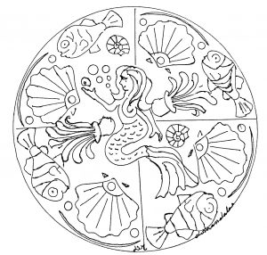 Uma bonita sereia no meio de uma Mandala. Que cores vais usar? (Mandalas temáticas : Personagens)