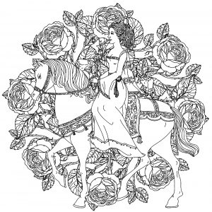 Uma princesa a montar o seu cavalo numa magnífica Mandala de flores (Mandalas temáticas : Personagens)