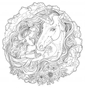 Rapariga e unicórnio numa bonita Mandala exclusiva. Cabe-lhe a si encontrar as cores mais bonitas para lhes dar vida (Mandalas temáticas : Personagens)