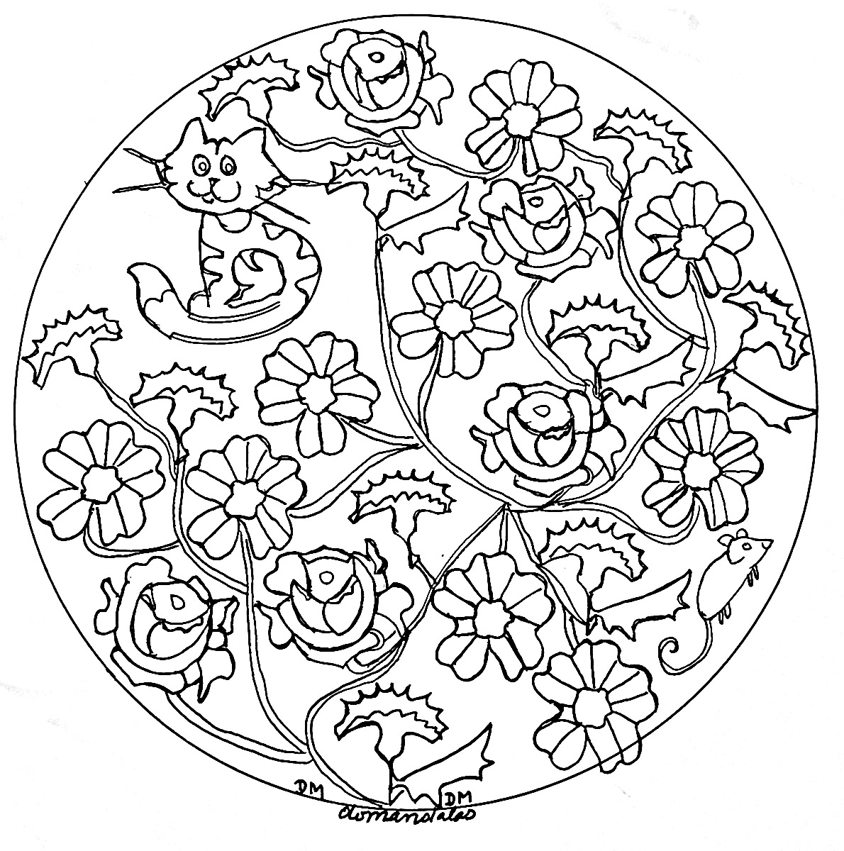 Os elementos vegetais combinam muitas vezes bem com as Mandalas, como é o caso desta elegante página para colorir. Estas flores são muito realistas e desenhadas à mão.