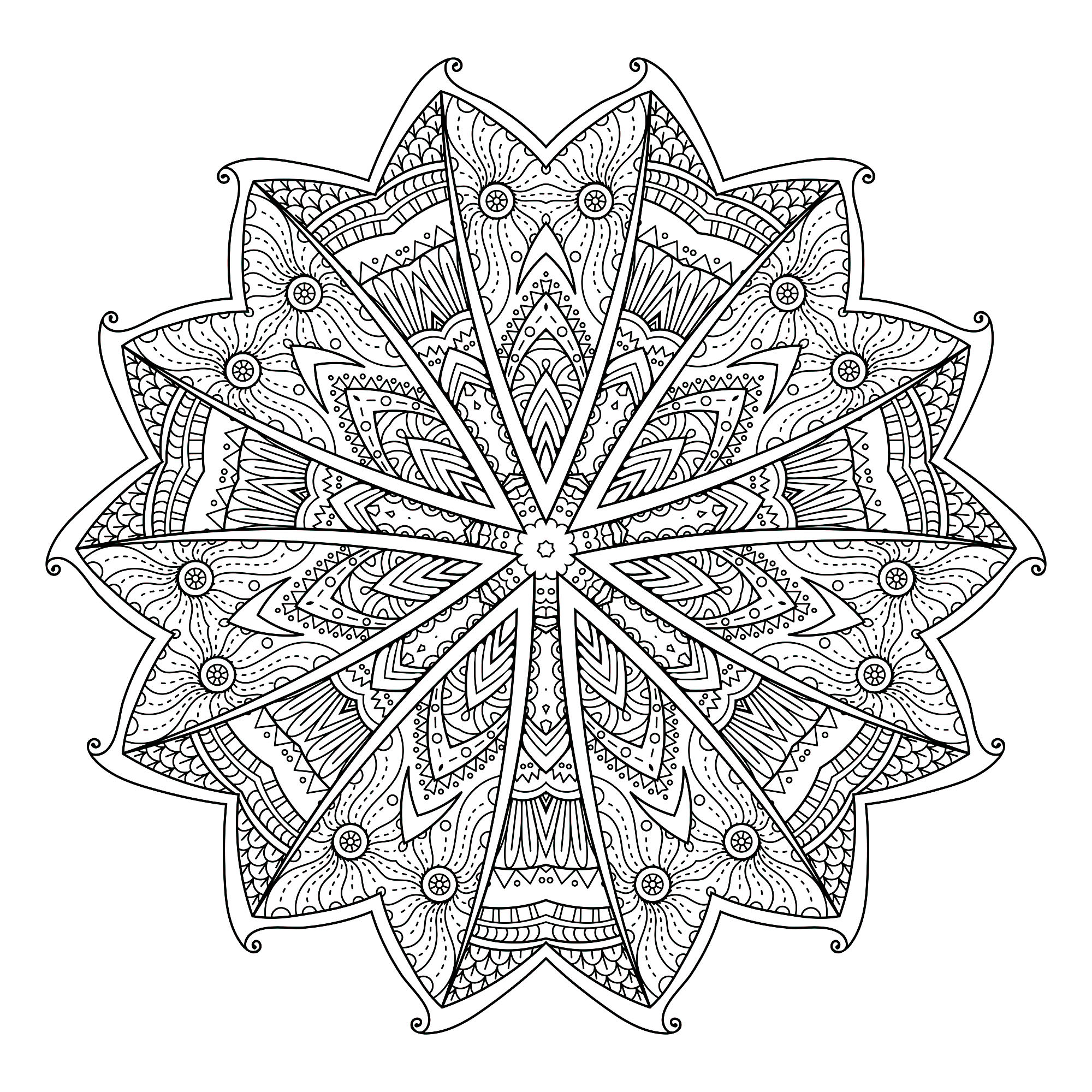 Os elementos vegetais combinam frequentemente com as Mandalas, como é o caso desta página para colorir muito original composta por 14 mostradores (2 grupos de 7), semelhantes a asas de borboleta.