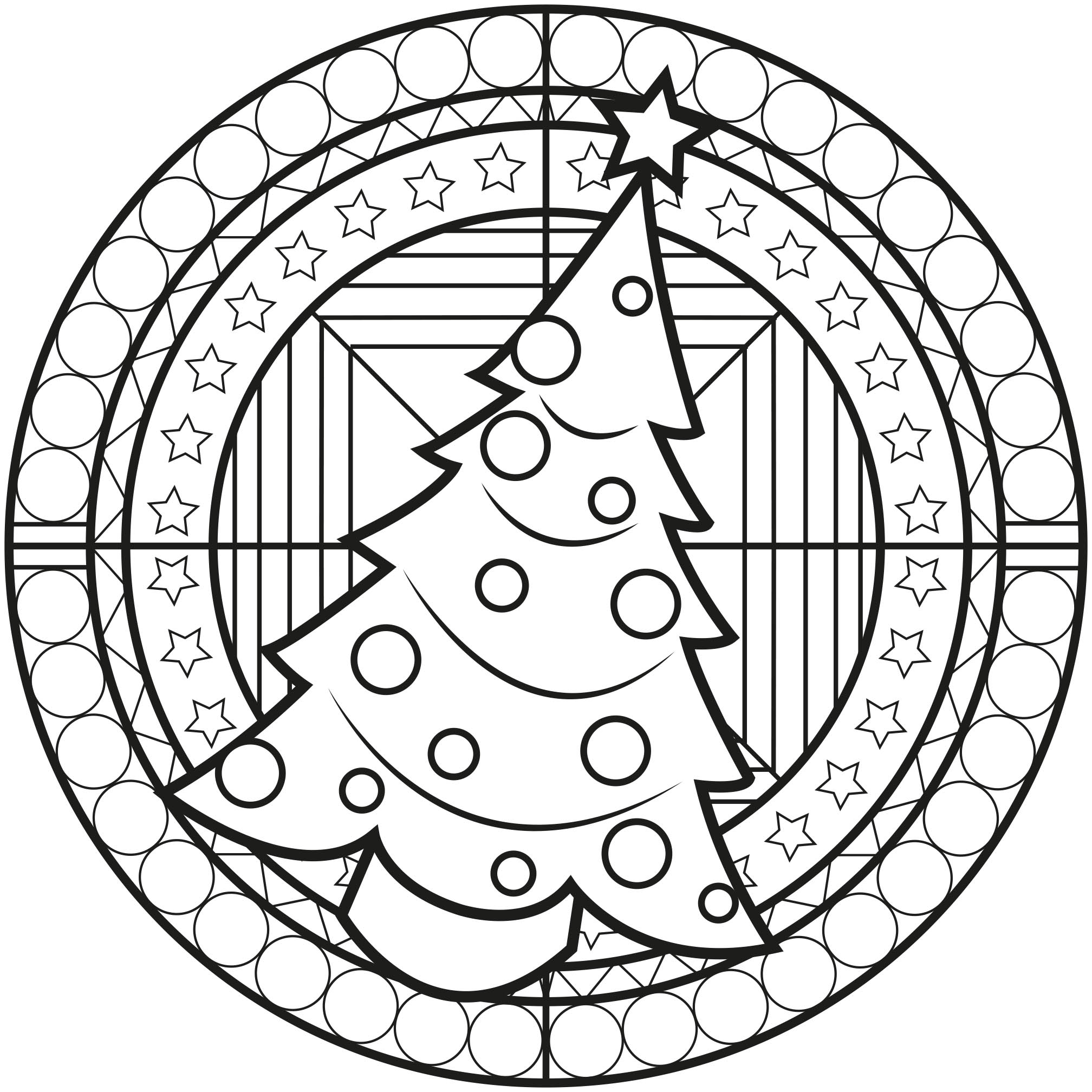 Árvore de Natal numa mandala, com motivos bonitos. Ideal para colorir para as crianças.