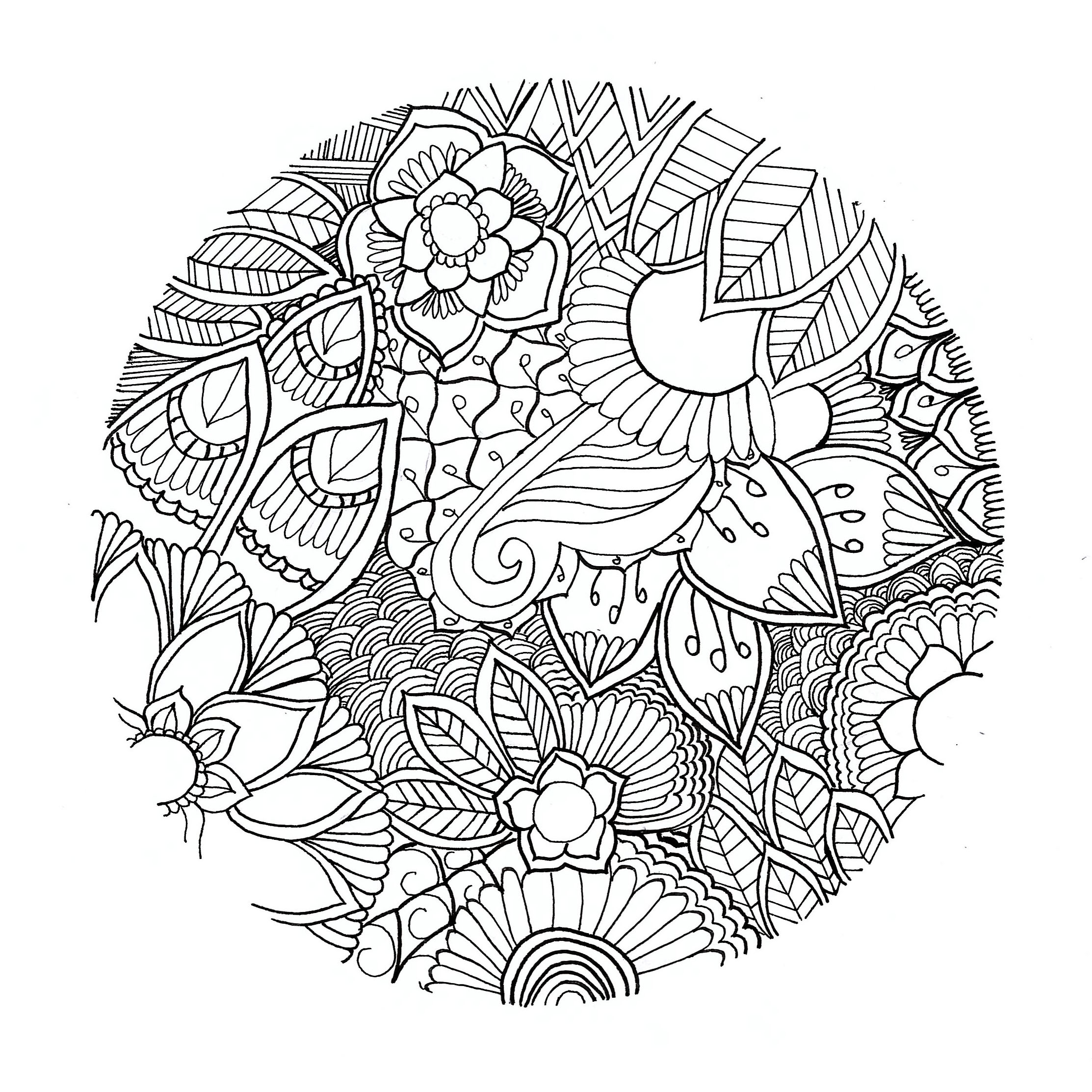 Uma mandala floral original e muito leve, sem contorno! Por Chloé. Trata-se de um círculo com flores desenhadas de forma realista e não simétrica.