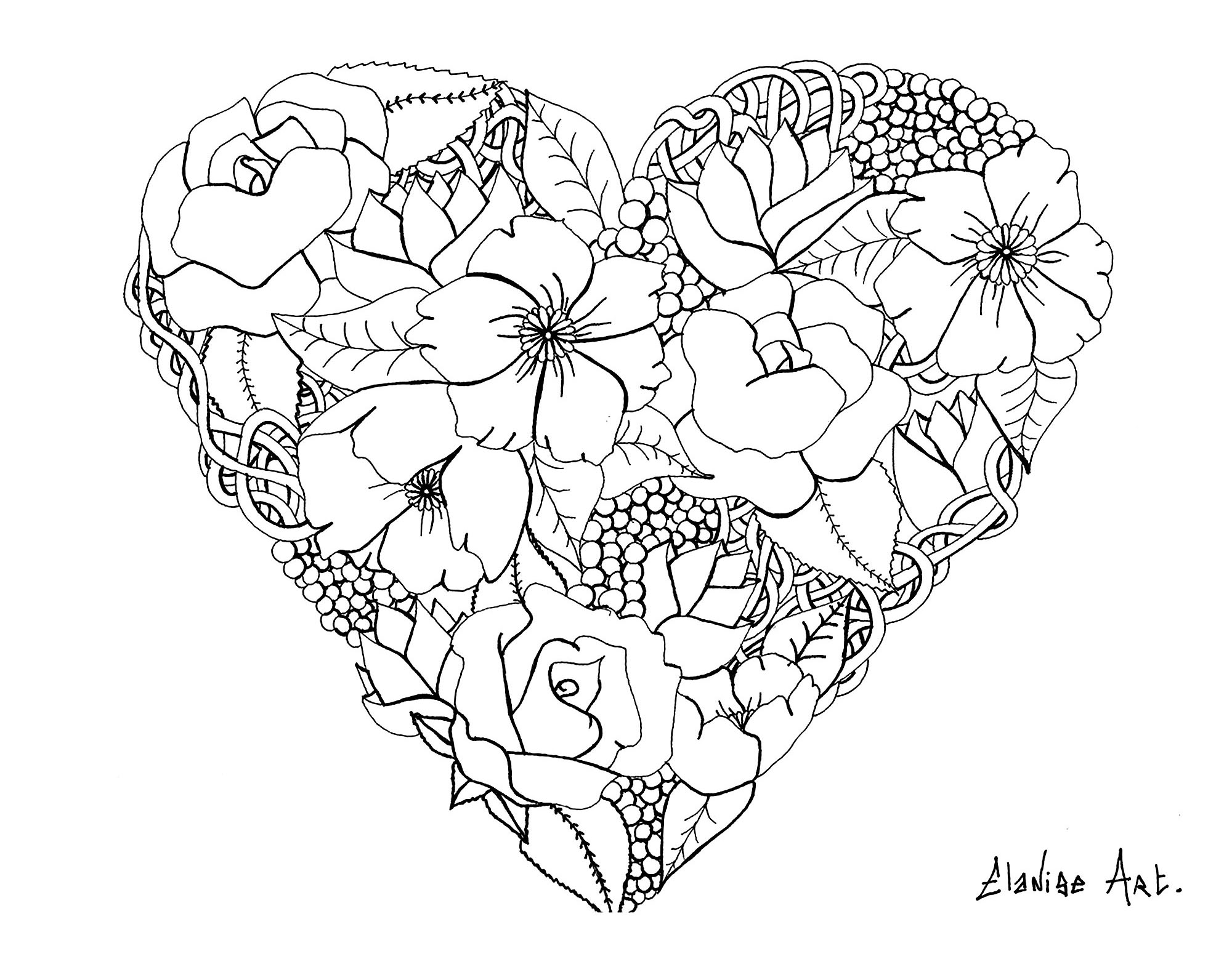 Um bonito coração florido, de Elanise. Não é bem uma Mandala, mas uma página para colorir com um coração com flores realistas.