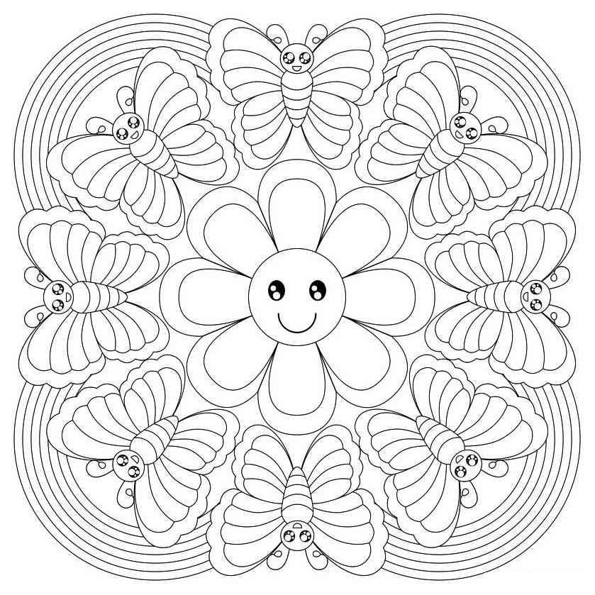 Aqui está uma página para colorir de uma Mandala muito original, com borboletas e uma linda florzinha no meio.