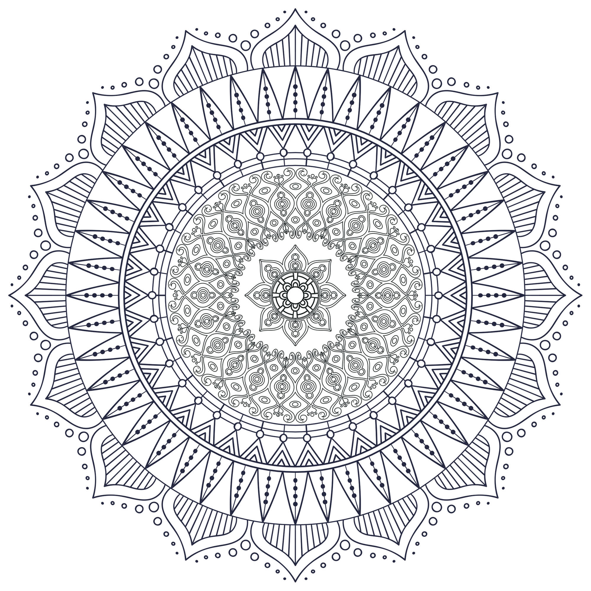 Desfrute de um momento zen com esta magnífica Mandala para colorir de imediato, com as cores que mais lhe agradam. É original porque tem uma mini Mandala no centro!