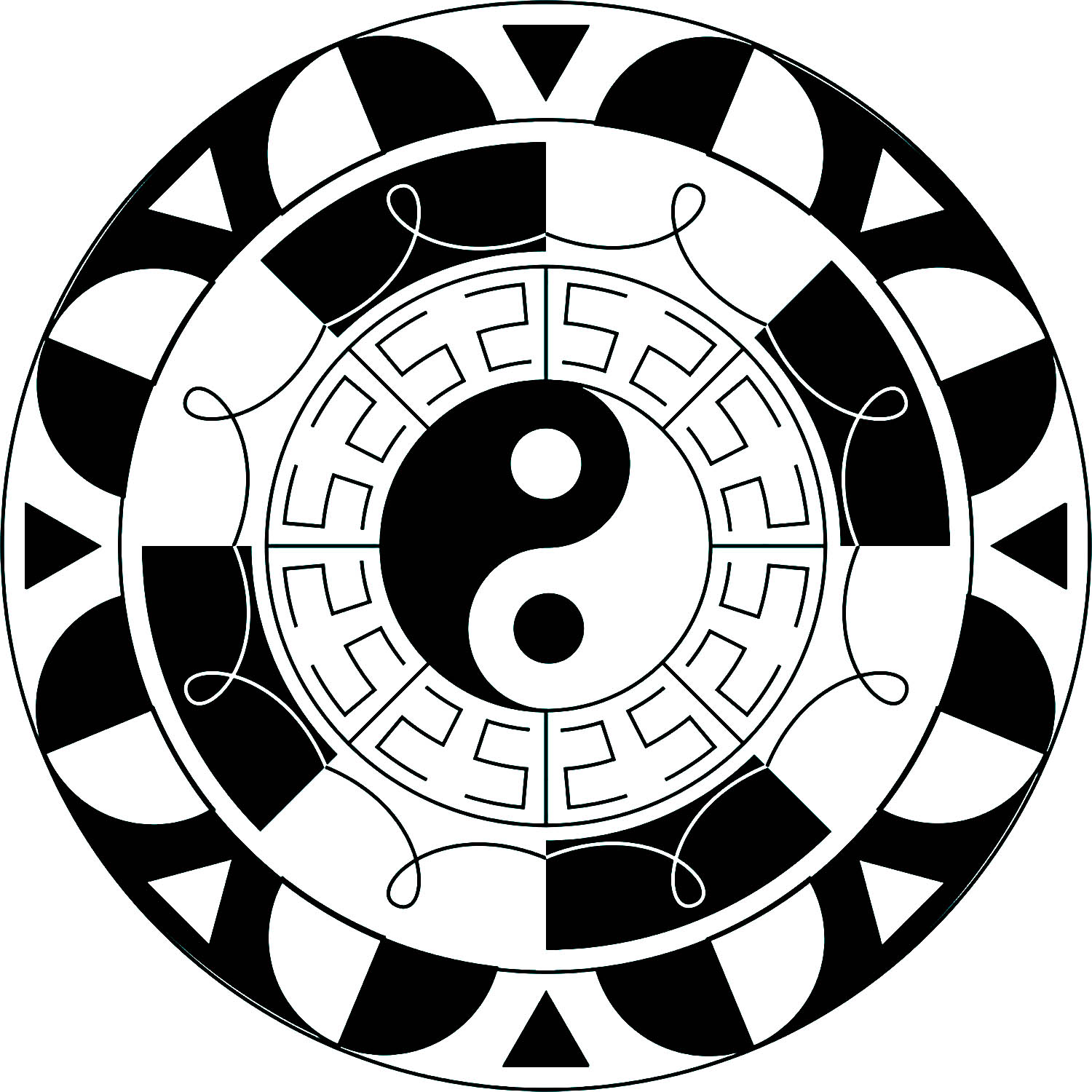 Mandala com poucos pormenores e o símbolo Yin & Yang no centro