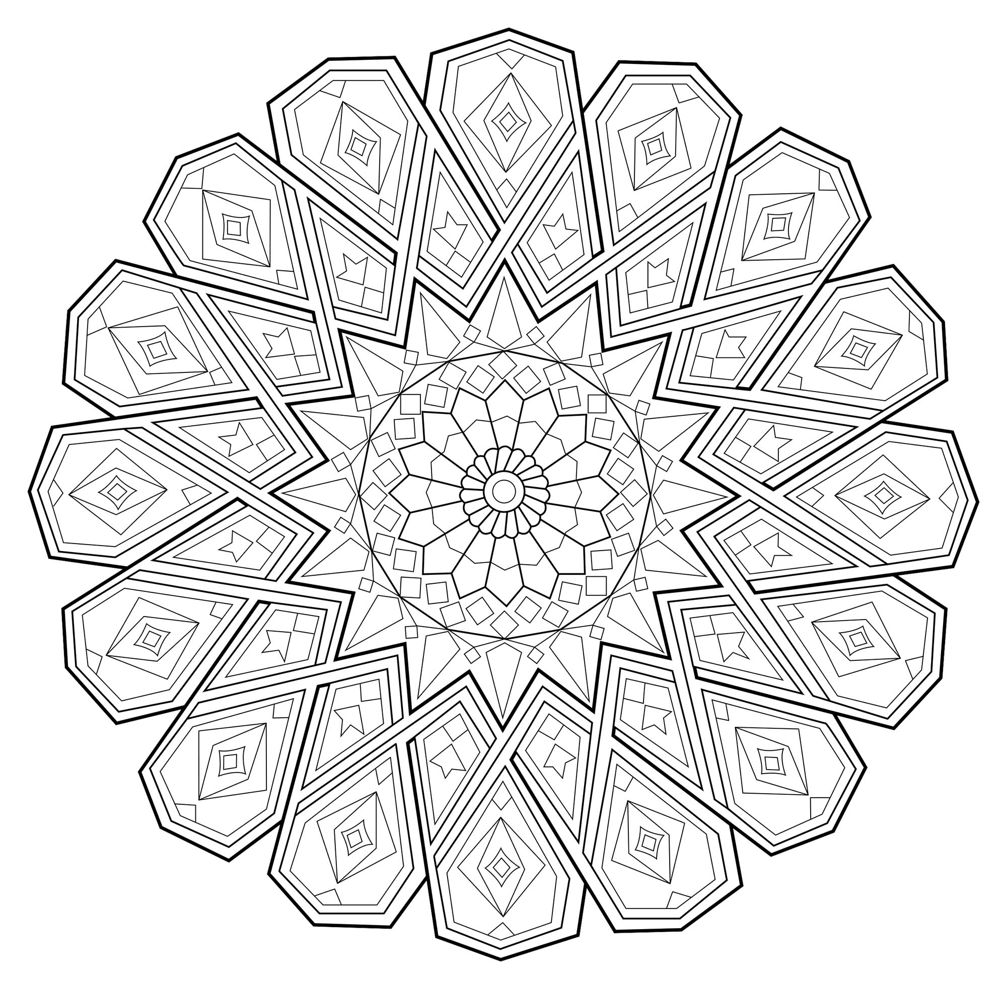 Deixe-se guiar pelos seus instintos para colorir esta incrível Mandala! O seu estilo caraterístico parece inspirado nos motivos incas ou astecas. Exprima a sua alma e a sua paixão, e o resultado será igual a si.