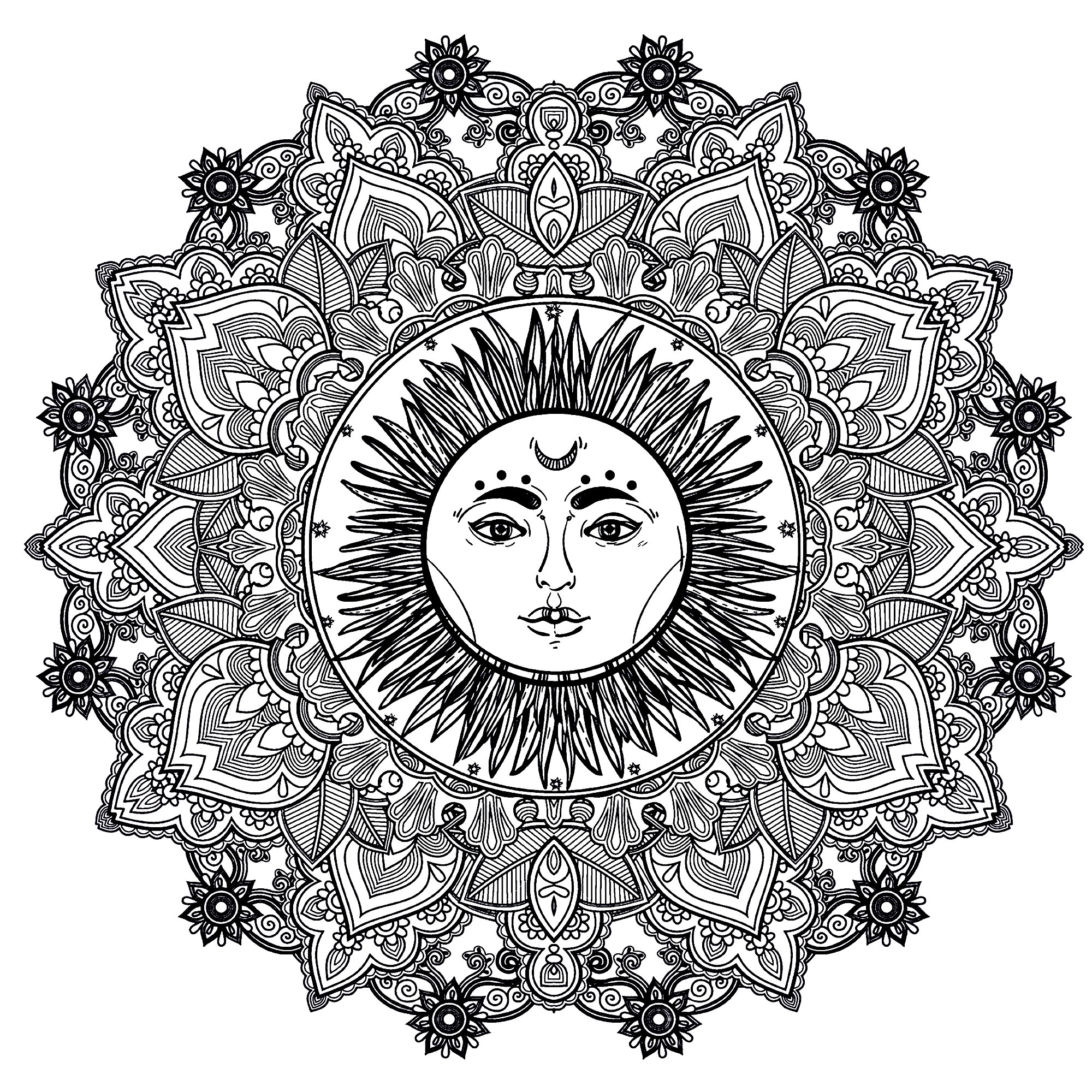 Uma Mandala muito harmoniosa, com um bonito sol com um rosto humano no centro, para um momento de puro relaxamento. Sentirá imediatamente os benefícios da Arte-Terapia.