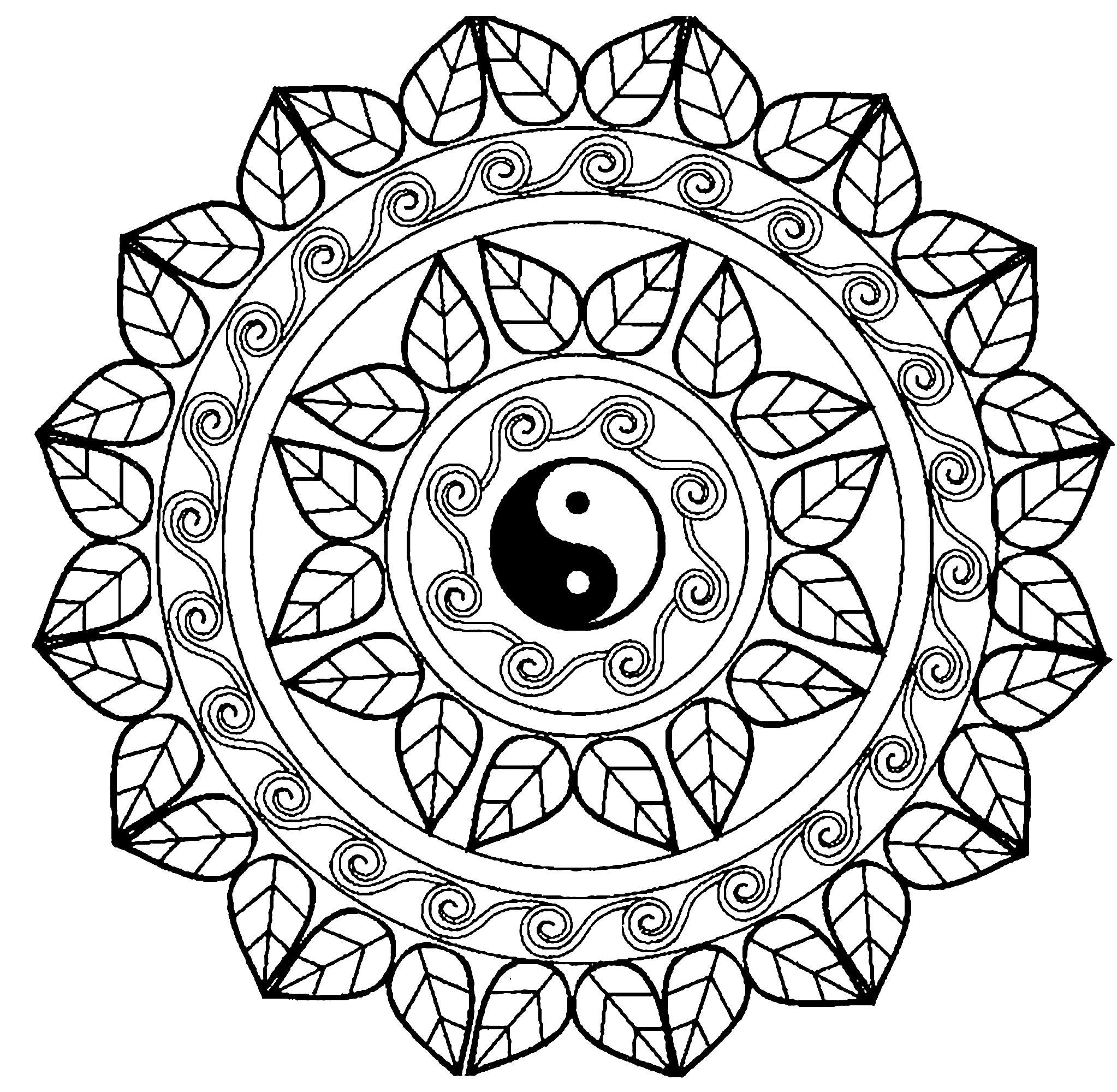 Escolha a técnica que prefere para colorir esta Mandala exclusiva com o famoso símbolo Yin & Yang no centro! Dê a sua alma a esta bela Mandala.